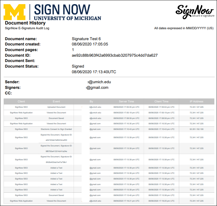 SignNow Retrieving Document History ITS Documentation